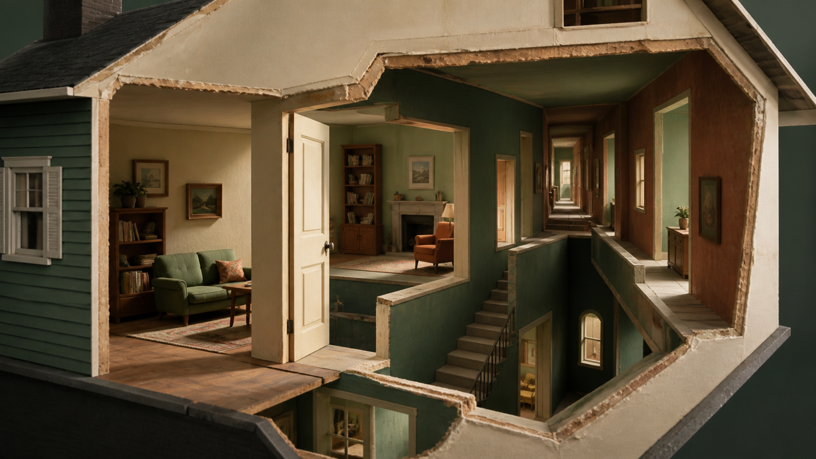An editorial cutaway of a familiar house opening into impossible new rooms and corridors