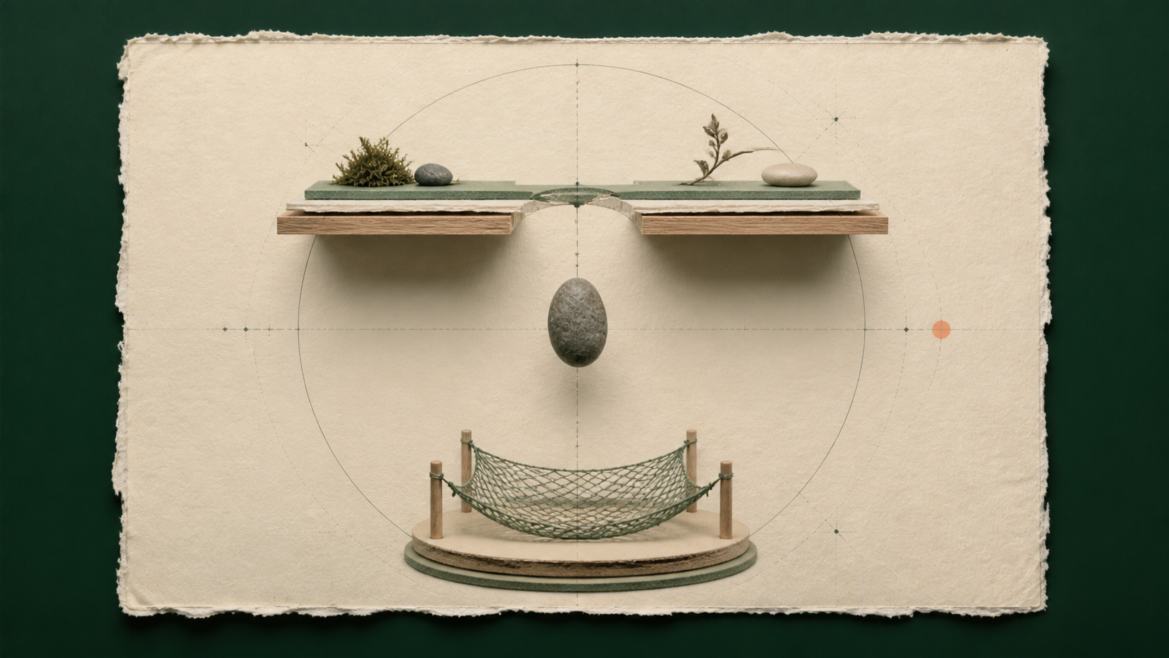An archival gravity study with a stone suspended below a broken platform and above a soft catching net