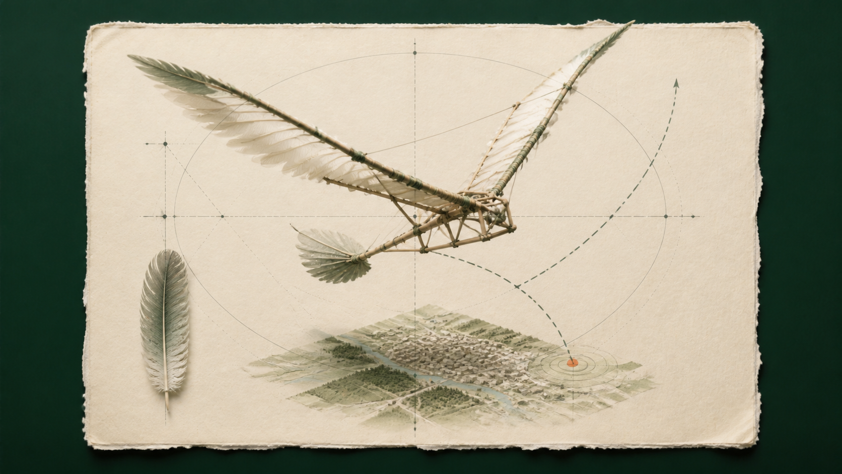 An archival feathered glider specimen tracing ascent and landing paths above a miniature familiar town
