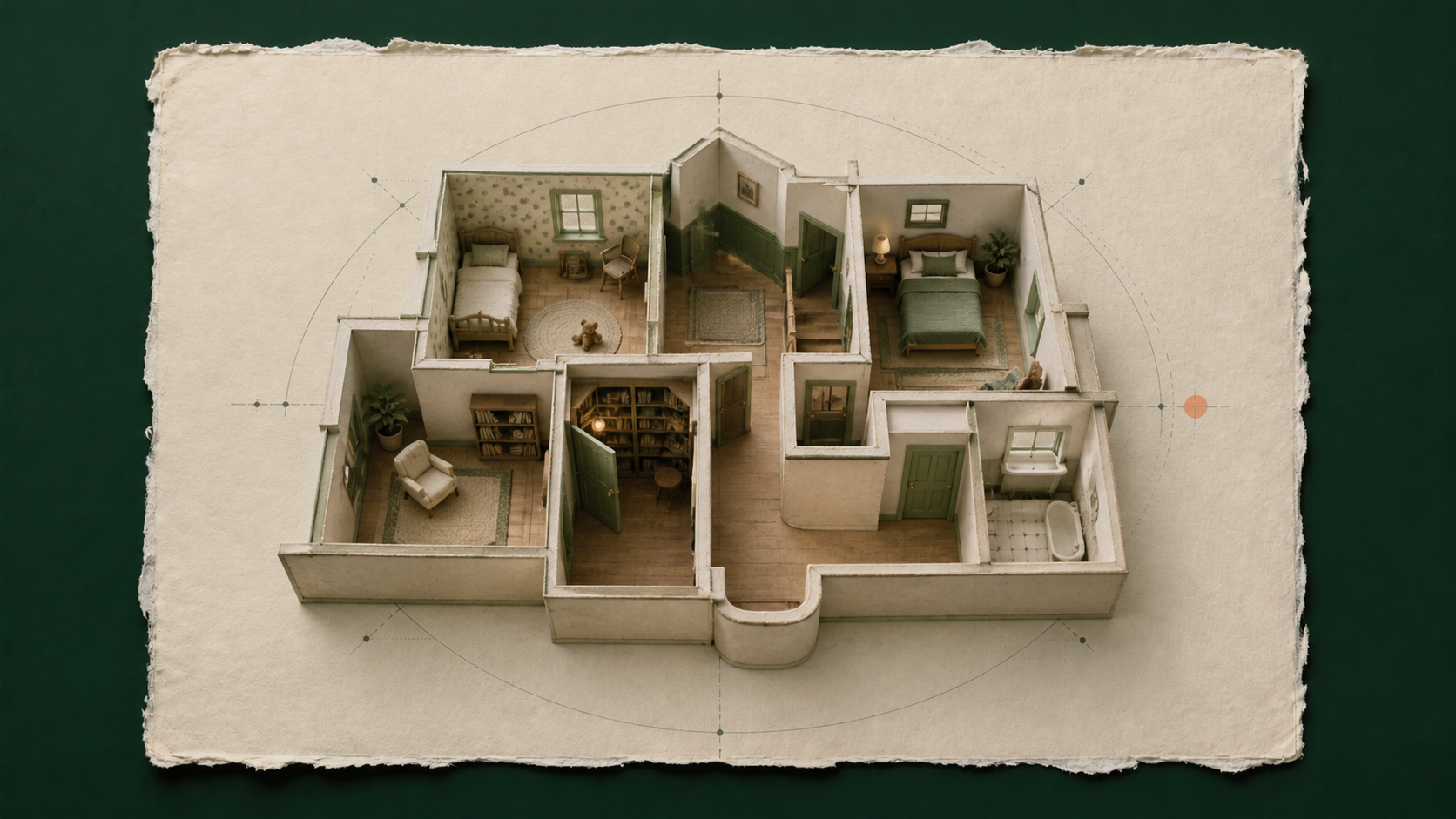 An archival cutaway house model with connected rooms, a revealed library, and changing corridors
