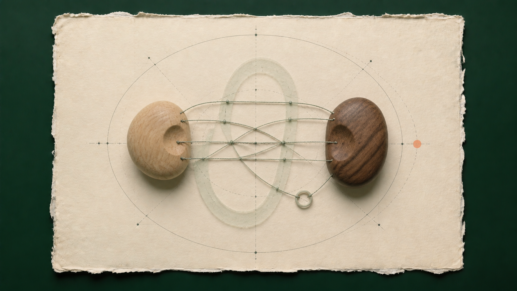 Two distinct wooden forms connected by measured threads, an older translucent loop, and a boundary ring