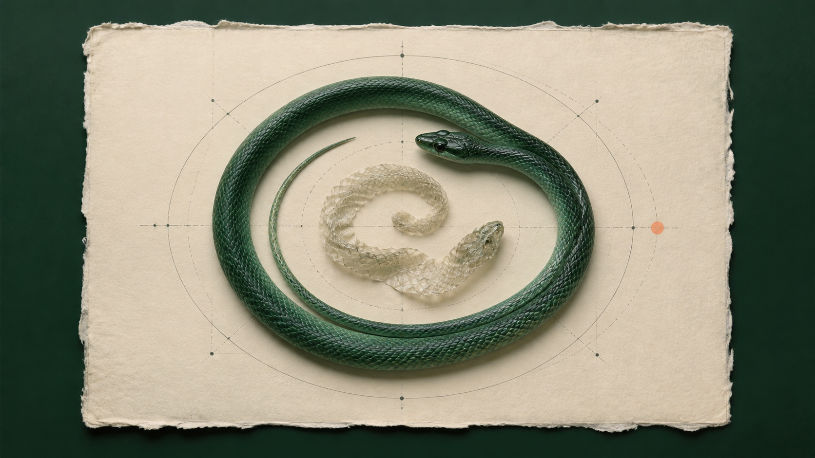 A calm green snake encircling a translucent shed skin on an archival field-study card