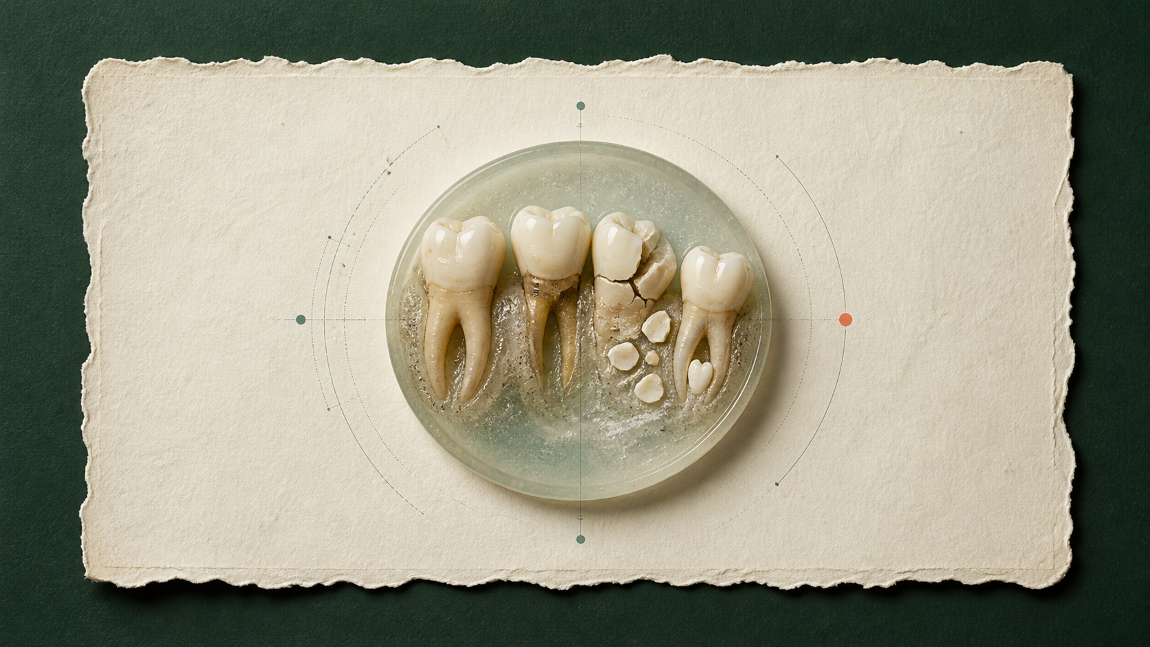 An archival specimen card with intact, crumbling, and emerging tooth models arranged for examination