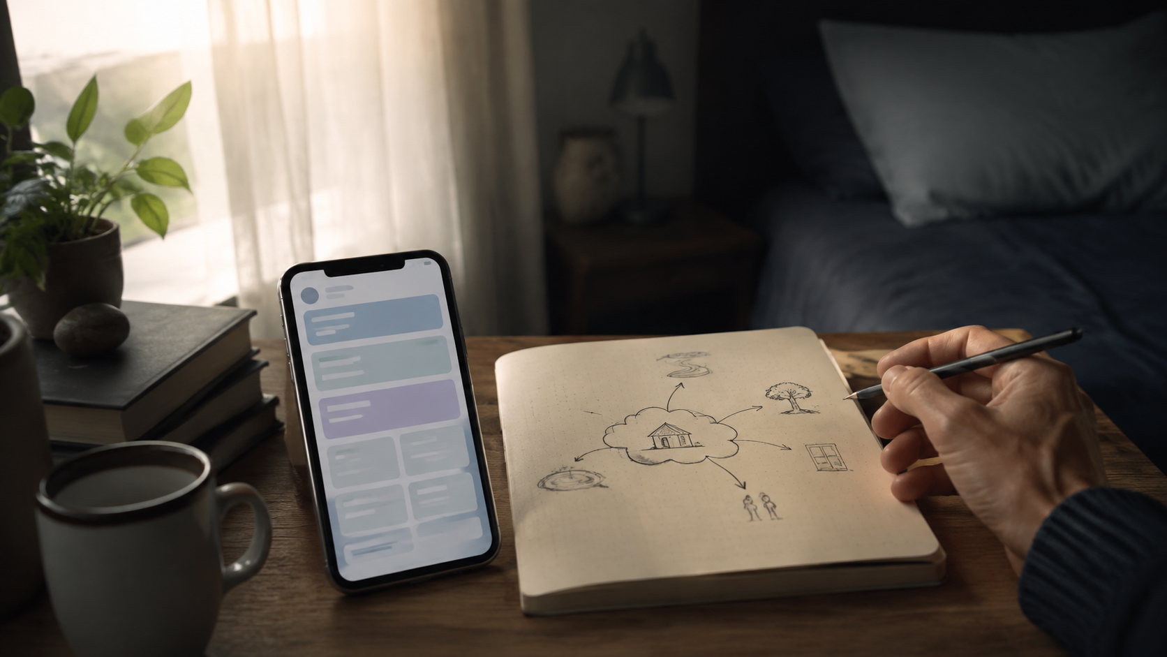 A dream journal beside an unbranded phone showing an abstract AI response