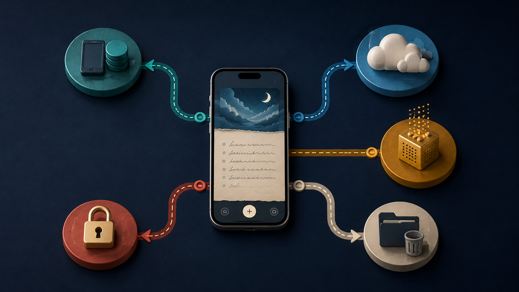 A phone at the center of five illustrated data routes for a private dream note