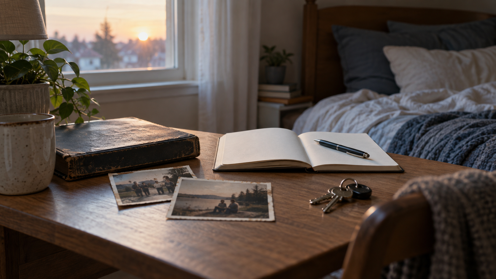 An open blank notebook beside old photographs, a worn album, and present-day keys in a bedroom at dawn