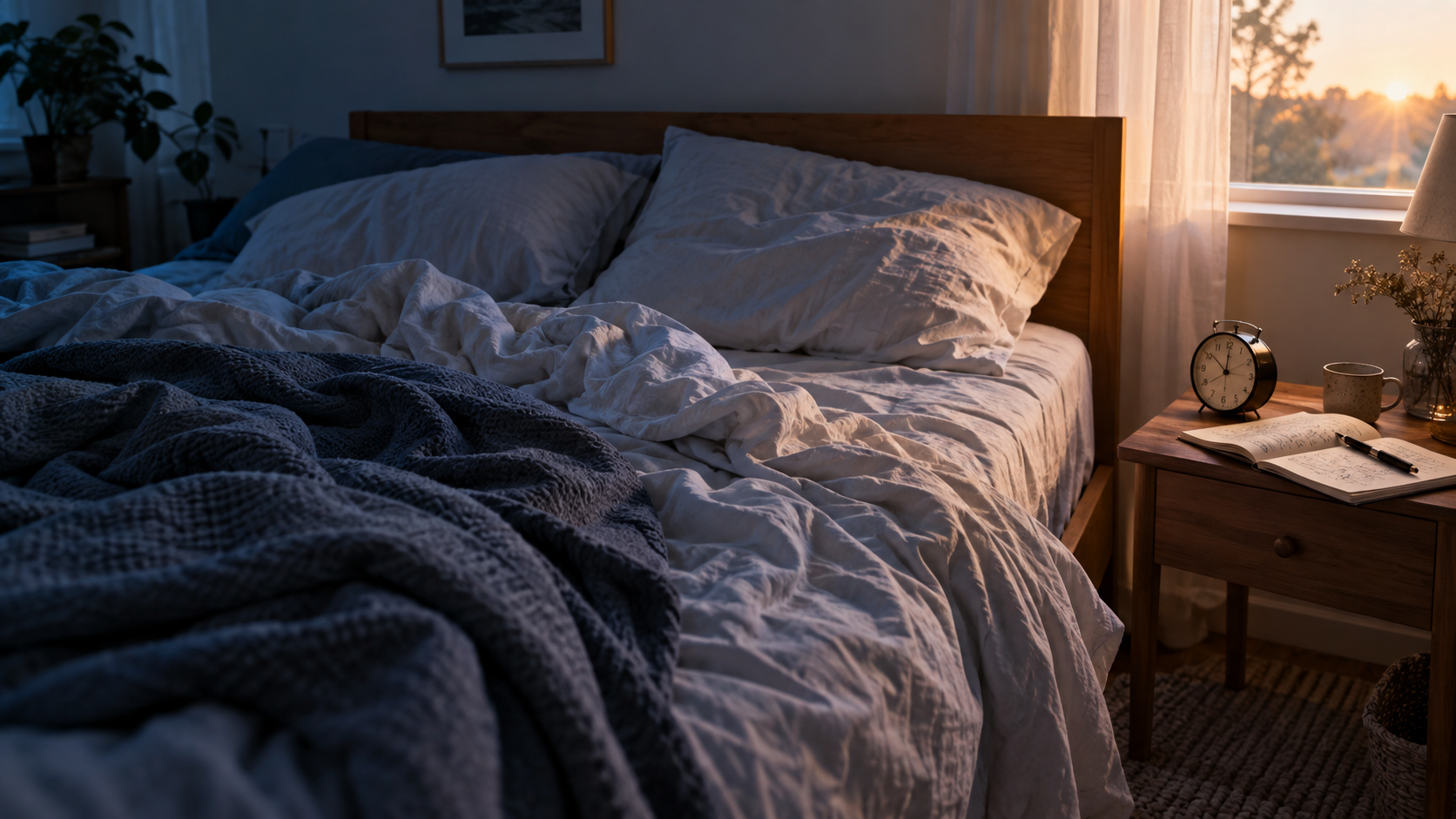 A rumpled bed at dawn with an analog clock and an open notebook on the bedside table